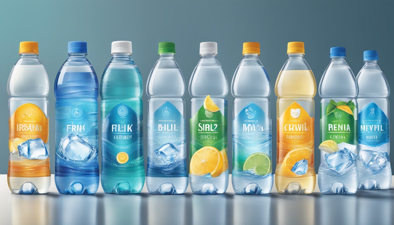 A table with various bottled water brands lined up, each with a different label and logo. A person holding a glass of water, comparing each brand