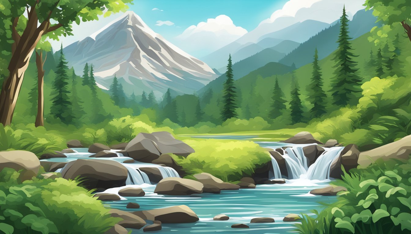 A mountain spring surrounded by lush greenery, with a clear stream of water flowing into a pristine, unbranded bottle