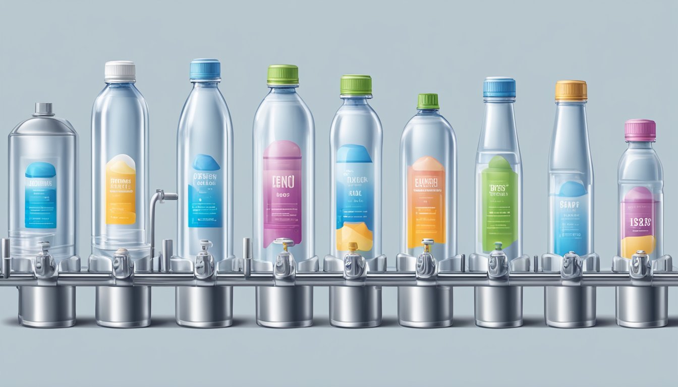 A lineup of various water sources, including tap, spring, and purified bottled water, with labels and containers displayed for comparison