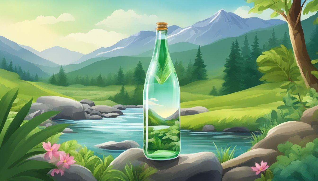 A serene mountain spring surrounded by lush greenery, with a clear, sparkling stream of water flowing into a pristine, recyclable glass bottle