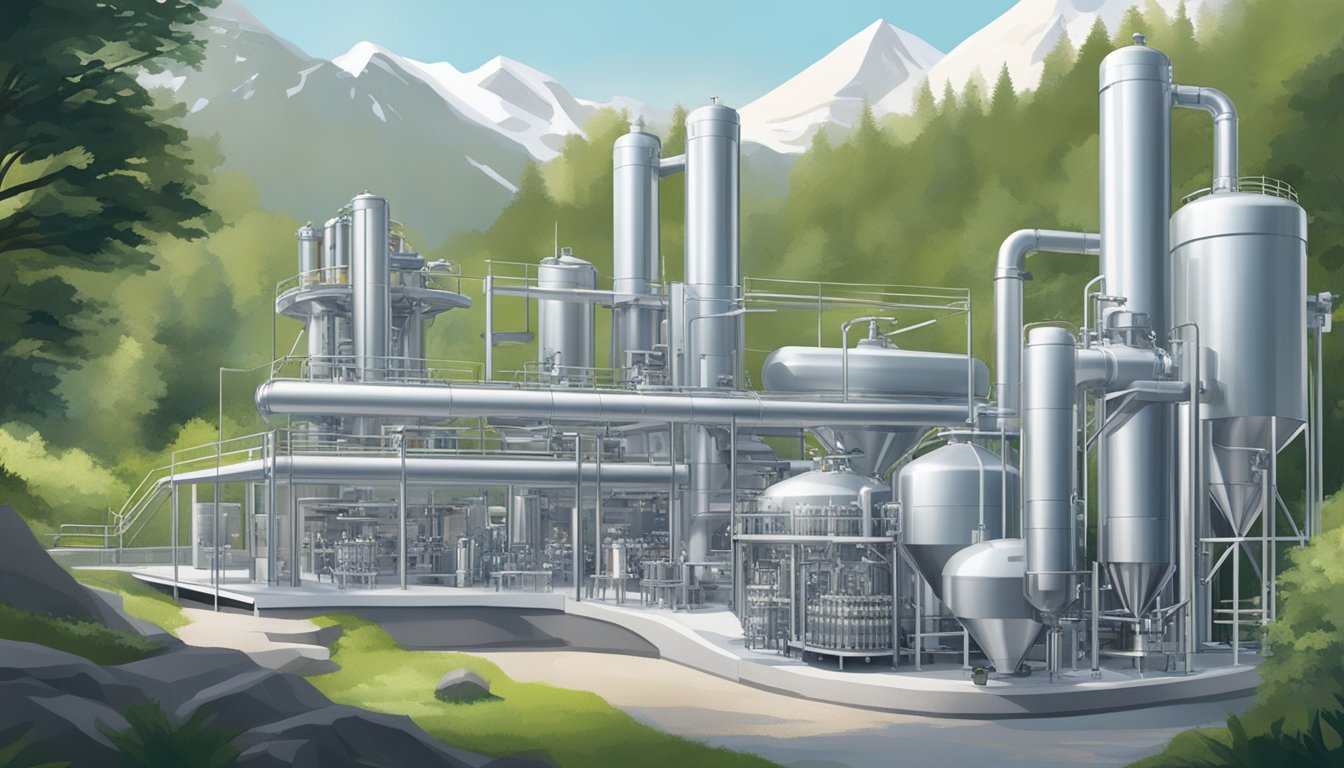 A pristine mountain spring flows into a sleek, modern bottling plant surrounded by lush greenery. A line of cutting-edge machinery fills and seals clear, elegant bottles labeled "Innovations and Trends."