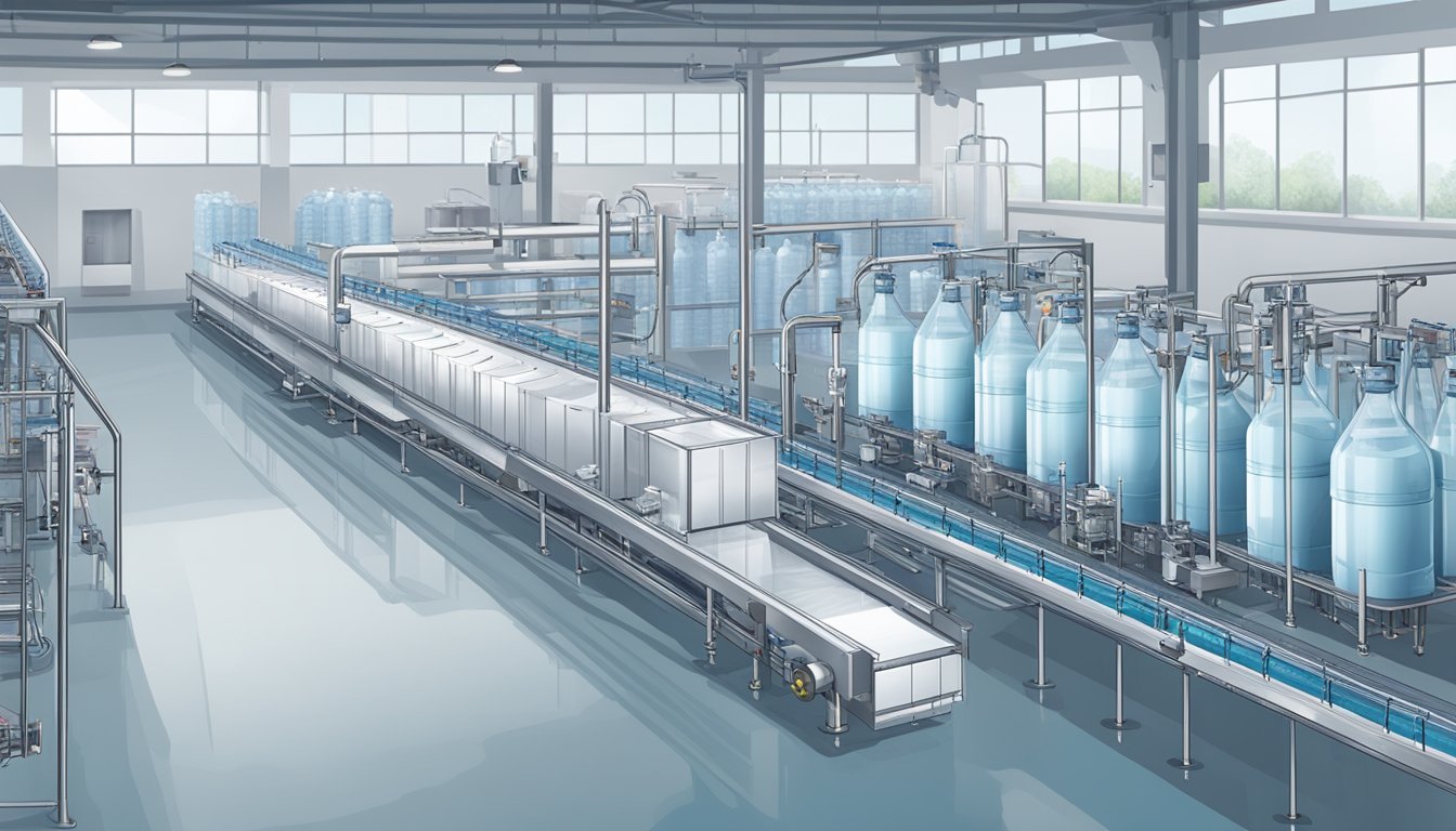 A sleek, modern water packaging plant with conveyor belts and robotic arms boxing and labeling the best bottled water