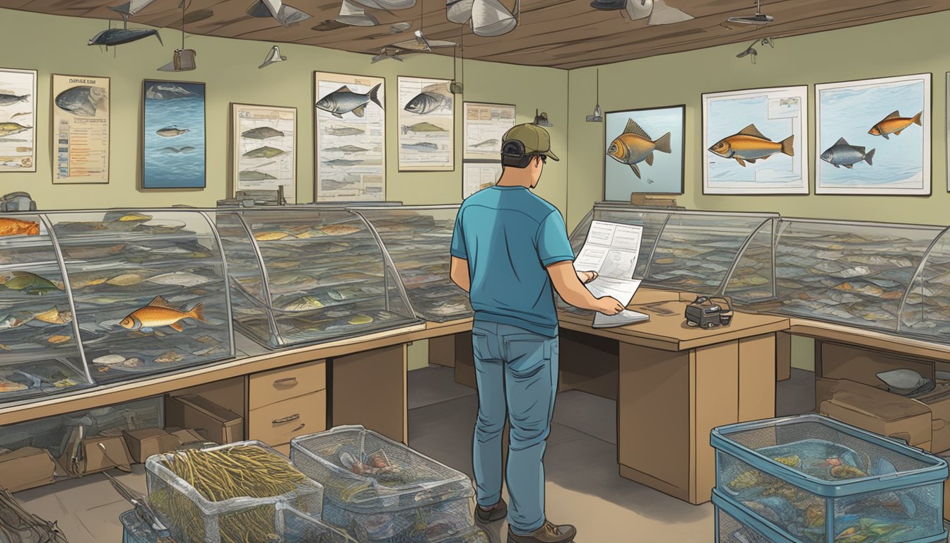 A person standing at a New Jersey fishing license office, filling out paperwork while surrounded by images of fish and fishing gear