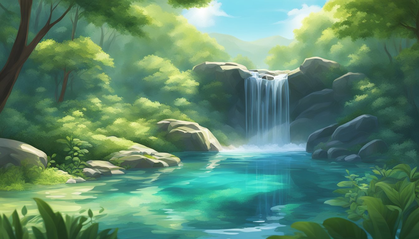 A clear, pristine mountain spring bubbling up into a crystal-clear pool, surrounded by lush green foliage and sunlight filtering through the trees