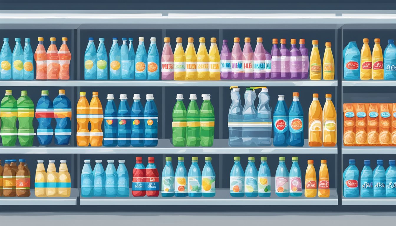 A row of various branded bottled water lined up on shelves, with colorful packaging and labels, displayed in a well-lit grocery store aisle