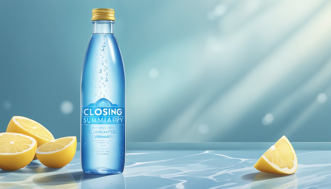 A pristine, sleek bottle of Closing Summary water stands tall on a marble countertop, surrounded by glistening droplets and a backdrop of refreshing blue hues