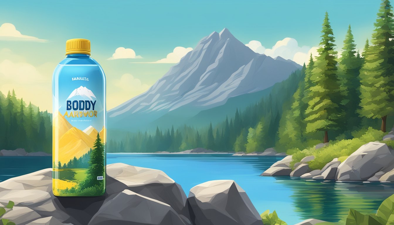 A bottle of Body Armor Water stands on a rocky cliff overlooking a pristine mountain lake, surrounded by lush green trees and a clear blue sky