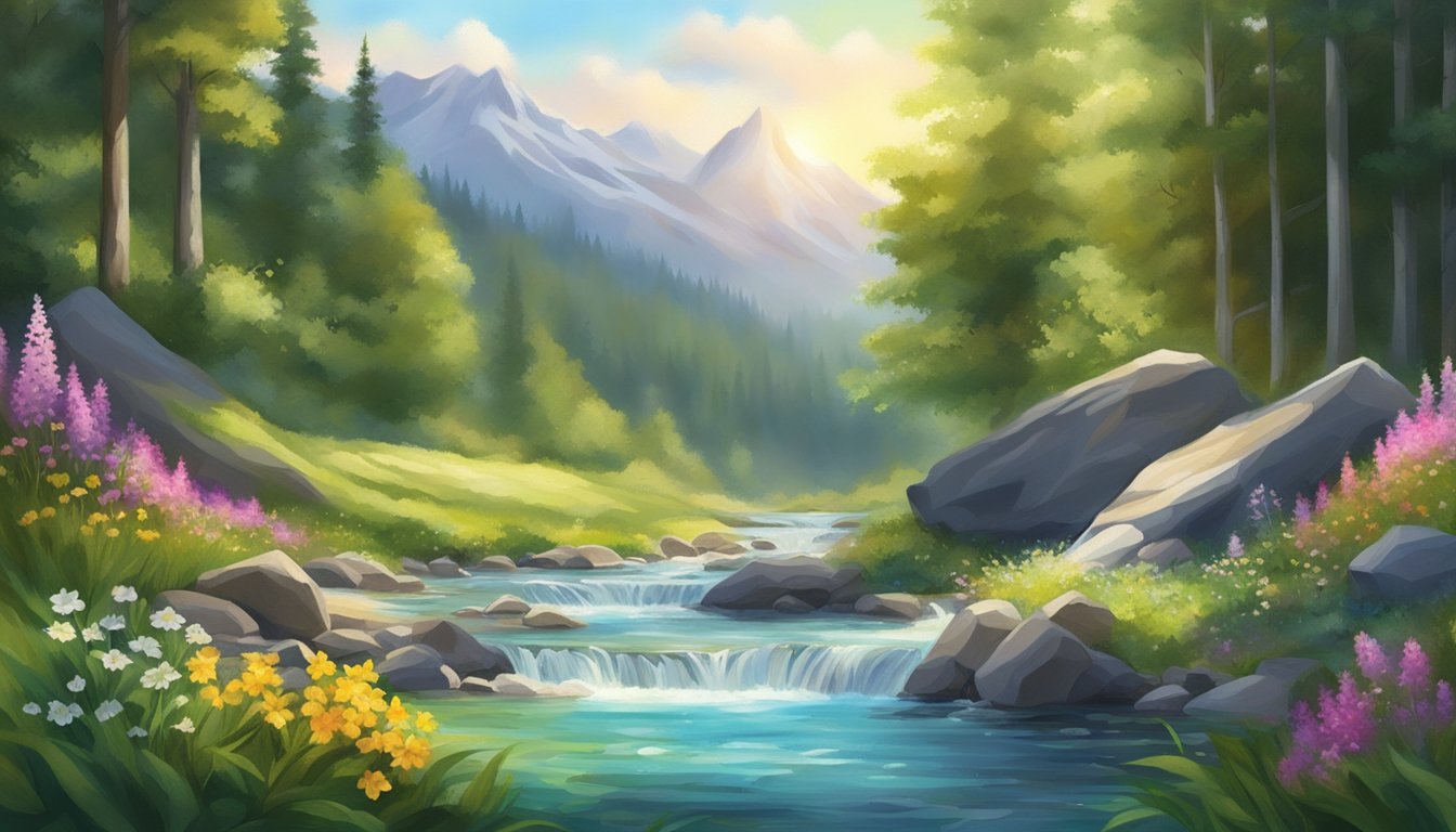 A serene mountain spring flows into a crystal-clear stream, surrounded by lush greenery and vibrant wildflowers. The water sparkles in the sunlight, exuding purity and vitality