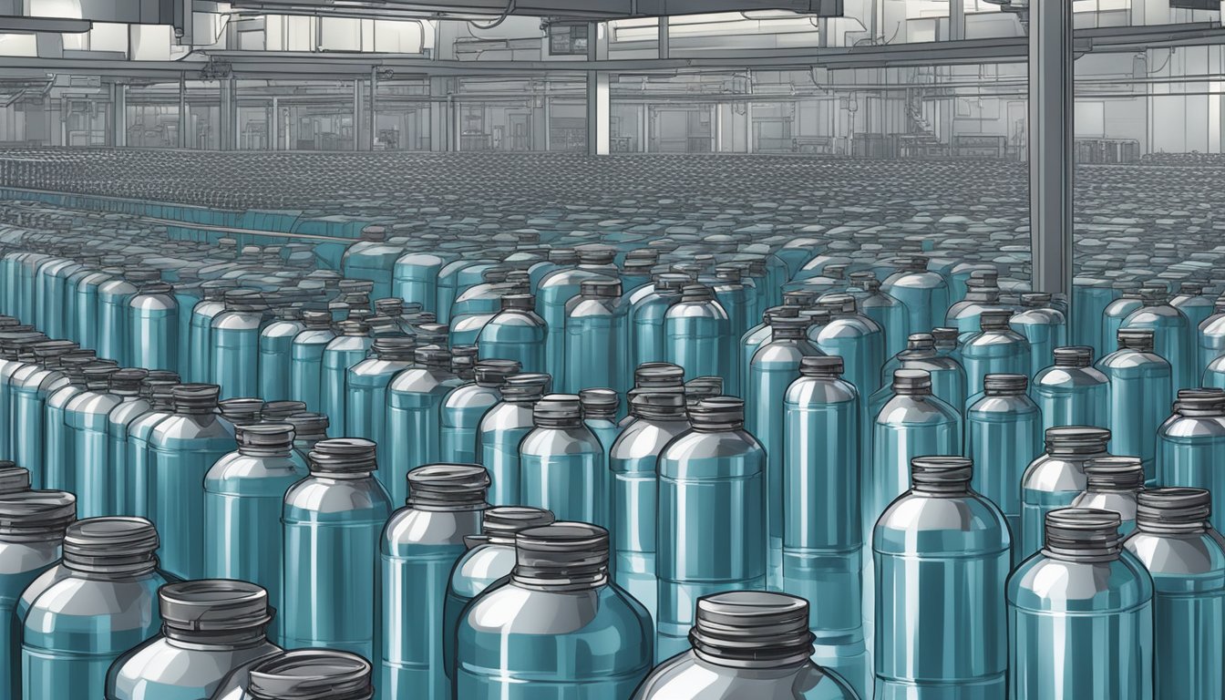 A factory line producing body armor and bottled water