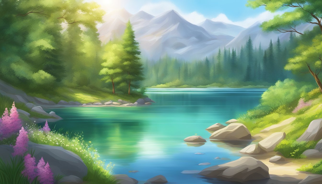 A serene mountain spring flows into a pristine clear lake, surrounded by lush greenery and sparkling in the sunlight