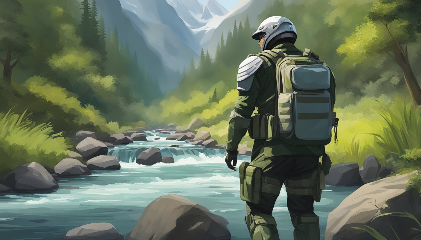 A person in body armor standing next to a pristine mountain stream, surrounded by lush greenery and wildlife