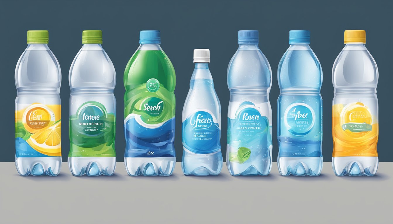 A row of seven different bottled water brands arranged neatly on a shelf, each with distinct labels and packaging