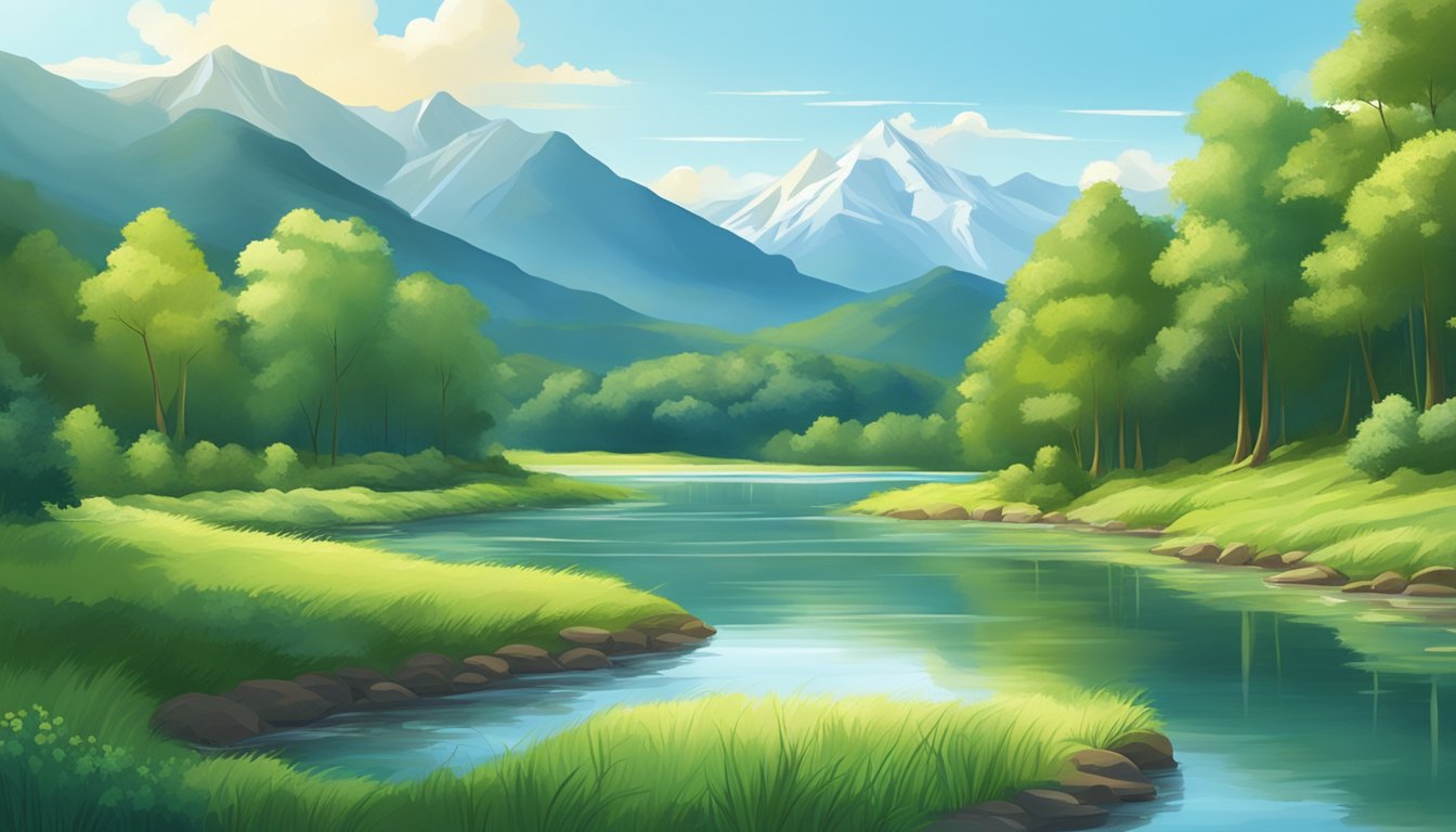 A serene natural landscape with a pristine river flowing through lush greenery, with a clear blue sky and mountains in the distance