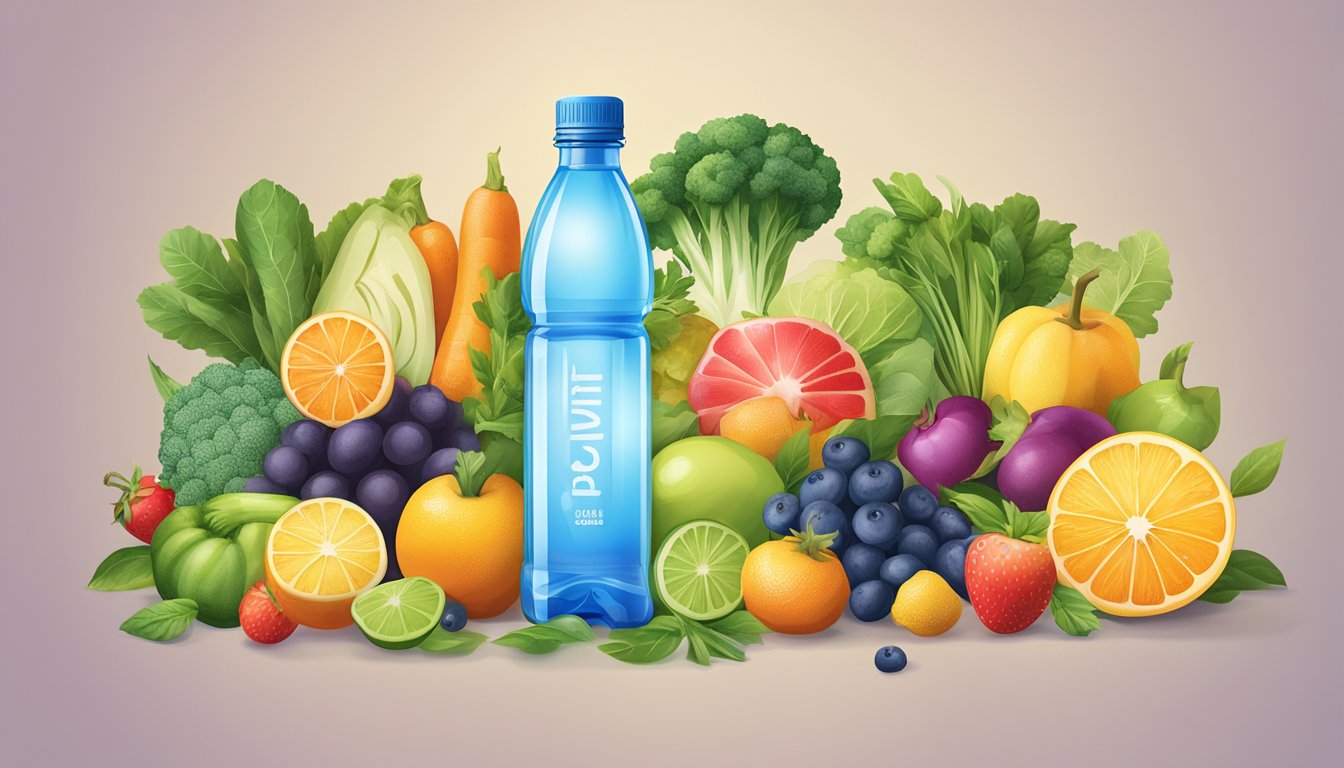 A bottle of Alkaline88 water surrounded by various fruits and vegetables, with a focus on the alkaline water's health benefits