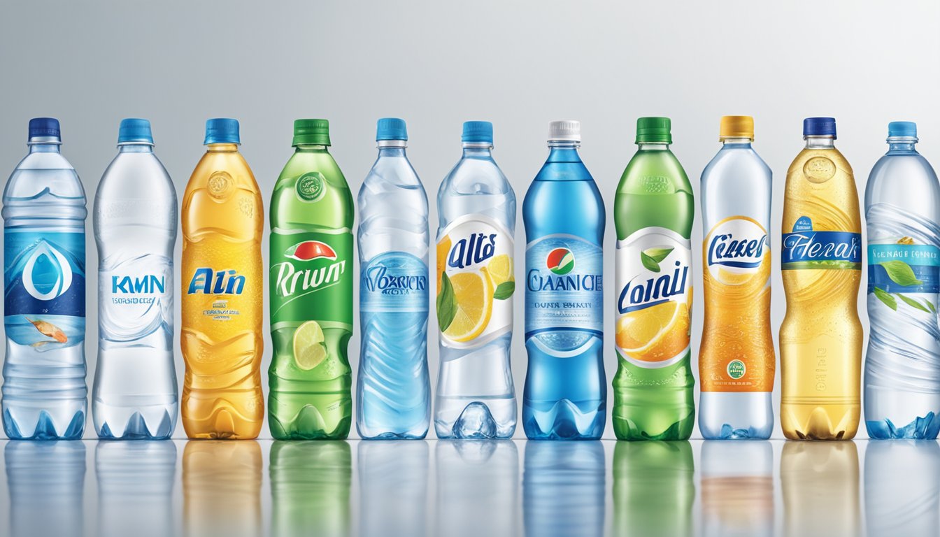 A row of seven different bottled water brands arranged on a clean, white surface