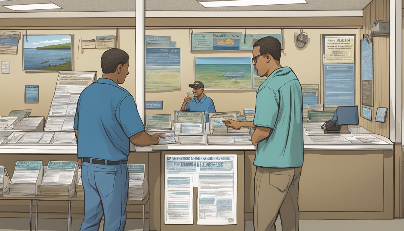 A person standing at a North Carolina fishing license office, filling out paperwork and presenting identification to the clerk. Outside, a sign displays "Saltwater Fishing License Requirements."