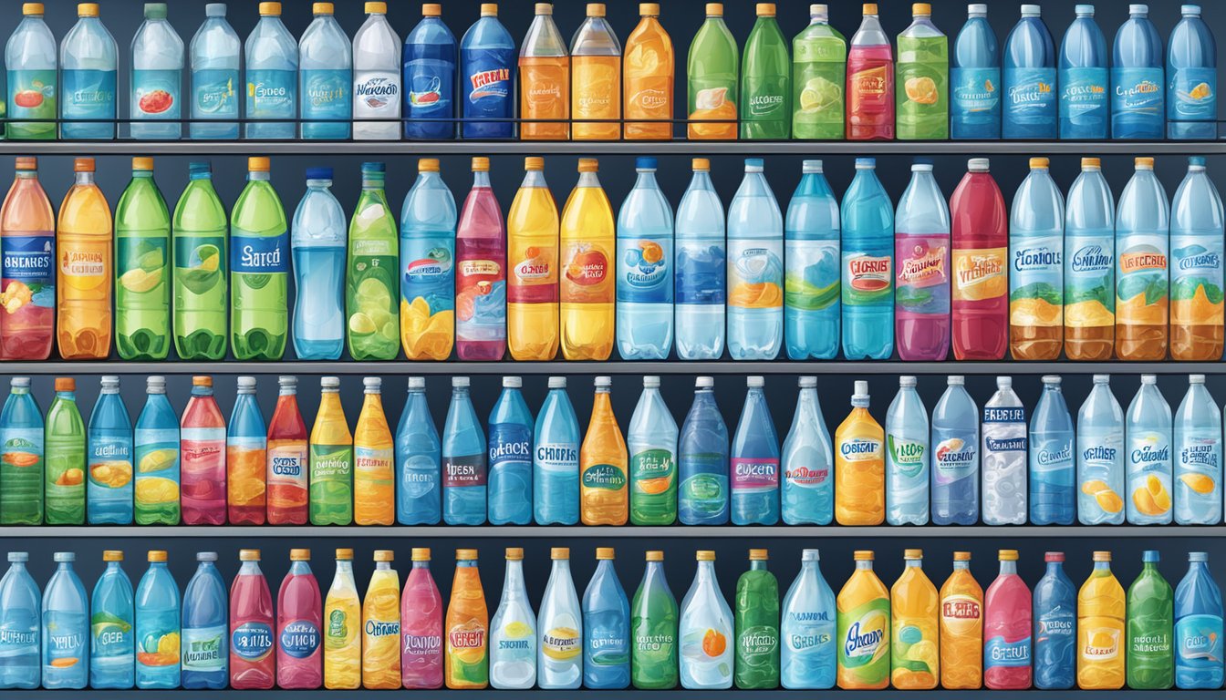 A variety of bottled water brands displayed on shelves with labels facing out