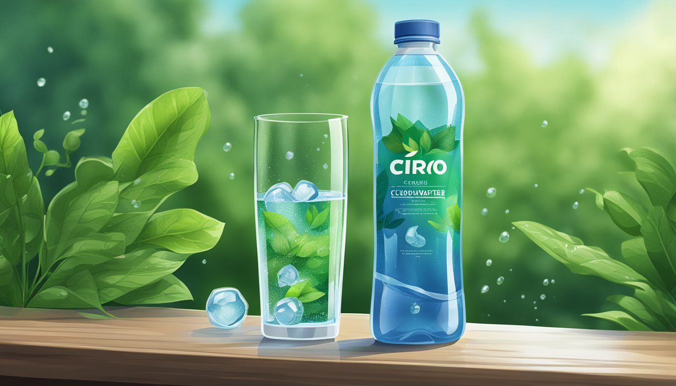 A clear, plastic bottle of cirro water sits on a table next to a glass, with droplets of condensation forming on the outside. A backdrop of lush, green foliage suggests a natural setting