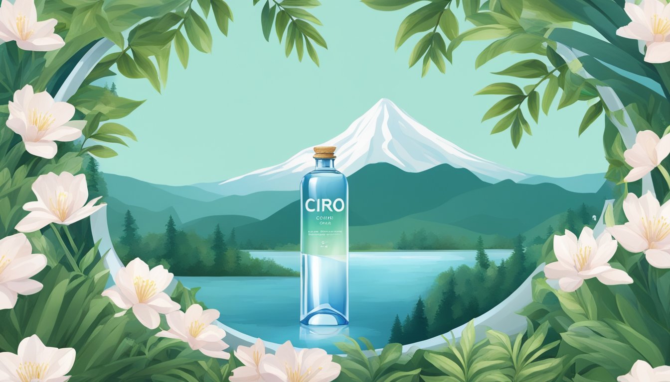 A serene mountain spring surrounded by lush greenery, with a clear blue sky and a single, elegant bottle of Cirro water placed in the center