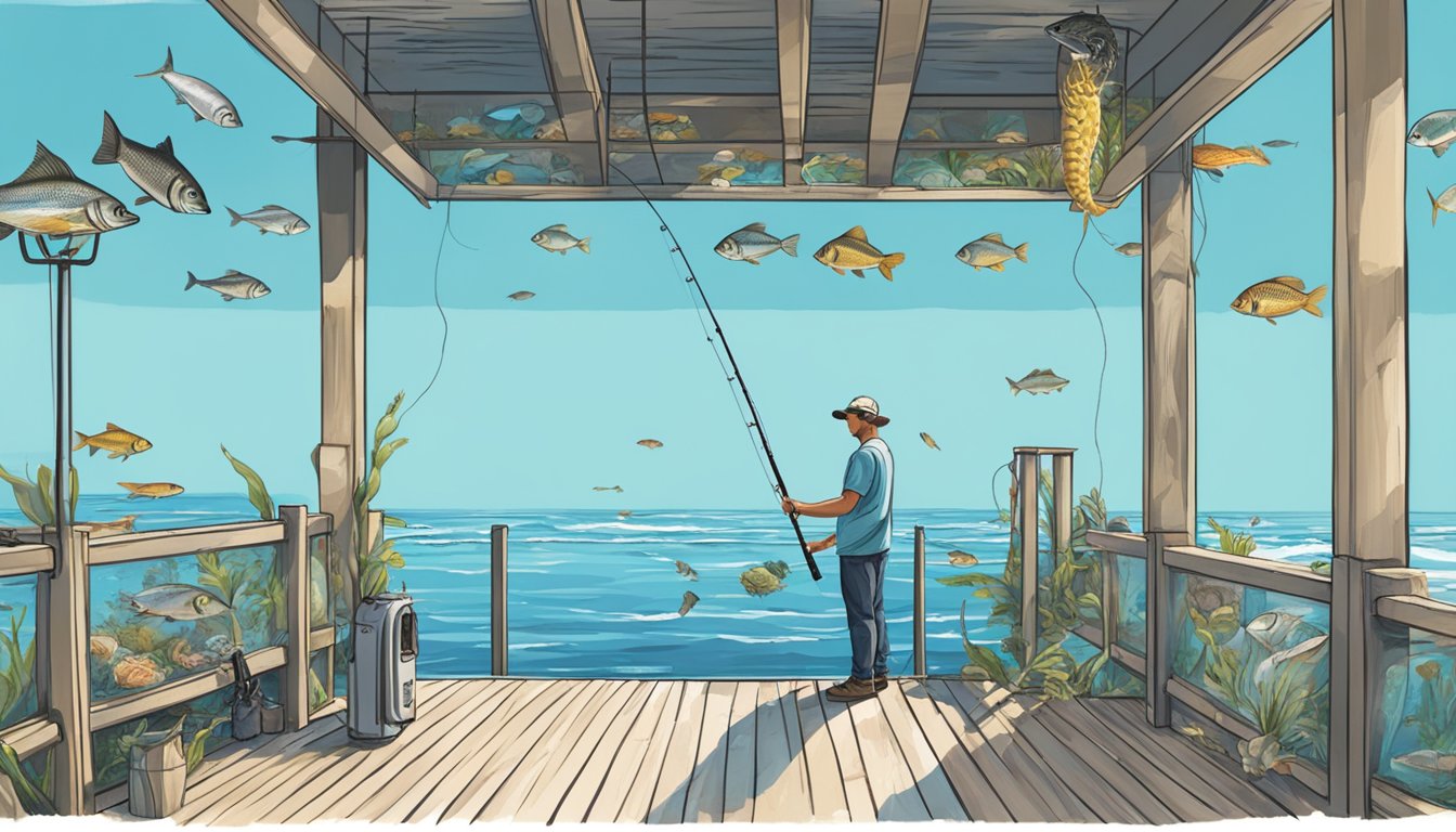 A person standing at a Florida fishing pier, holding a fishing rod and reel, with a variety of saltwater fish swimming in the clear blue water below