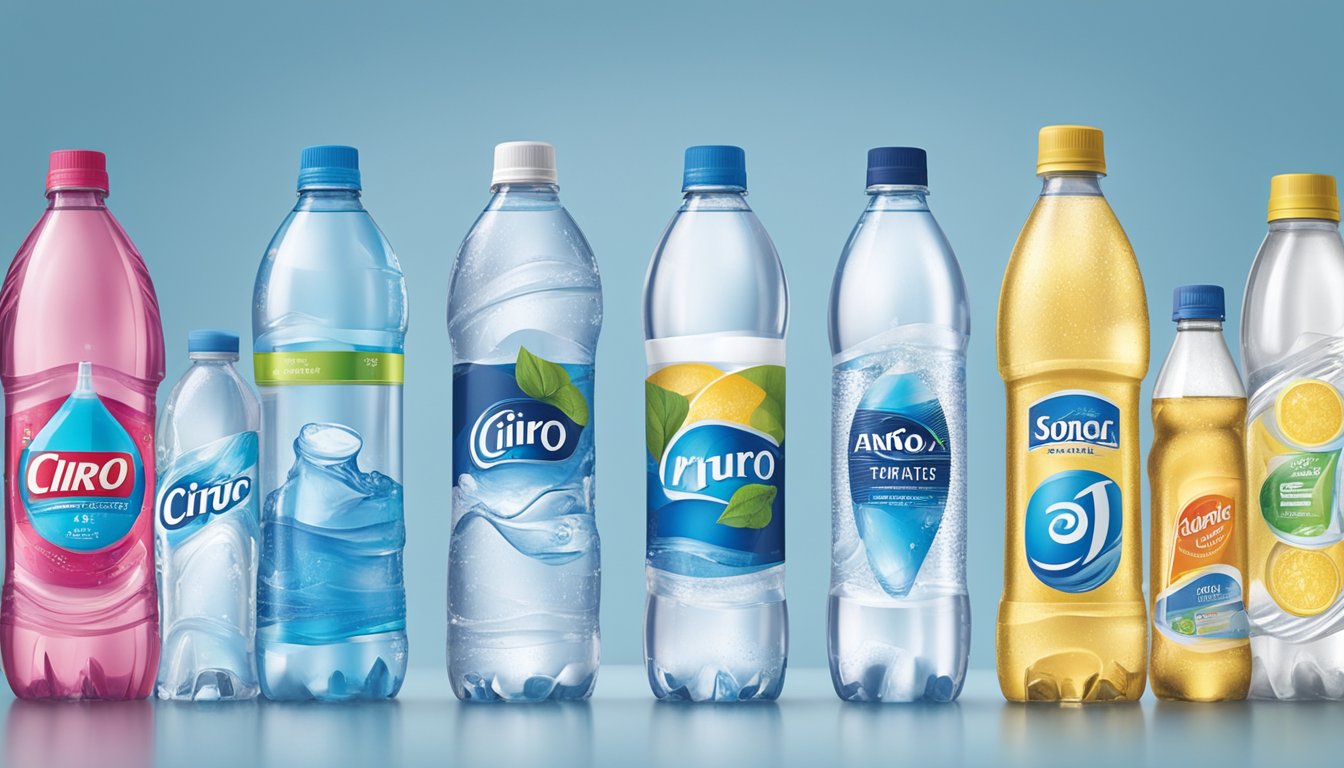 A line-up of various bottled water brands, with Cirro placed at the center under a spotlight, while the other brands are in shadow