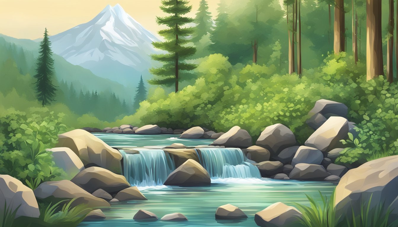 A peaceful mountain spring surrounded by lush greenery, with a clear, sparkling stream flowing into a pristine, glass bottle