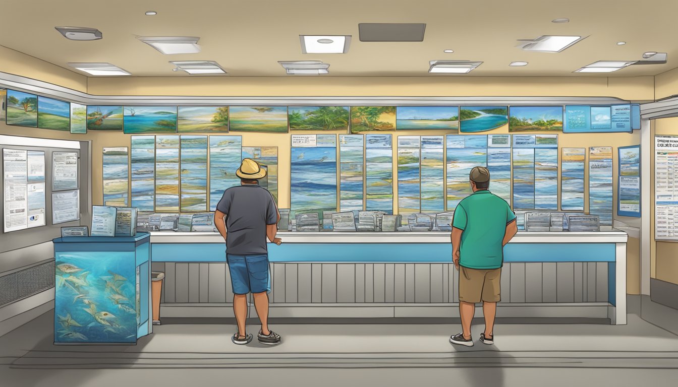 A person standing at a Florida fishing license kiosk, selecting a saltwater fishing license