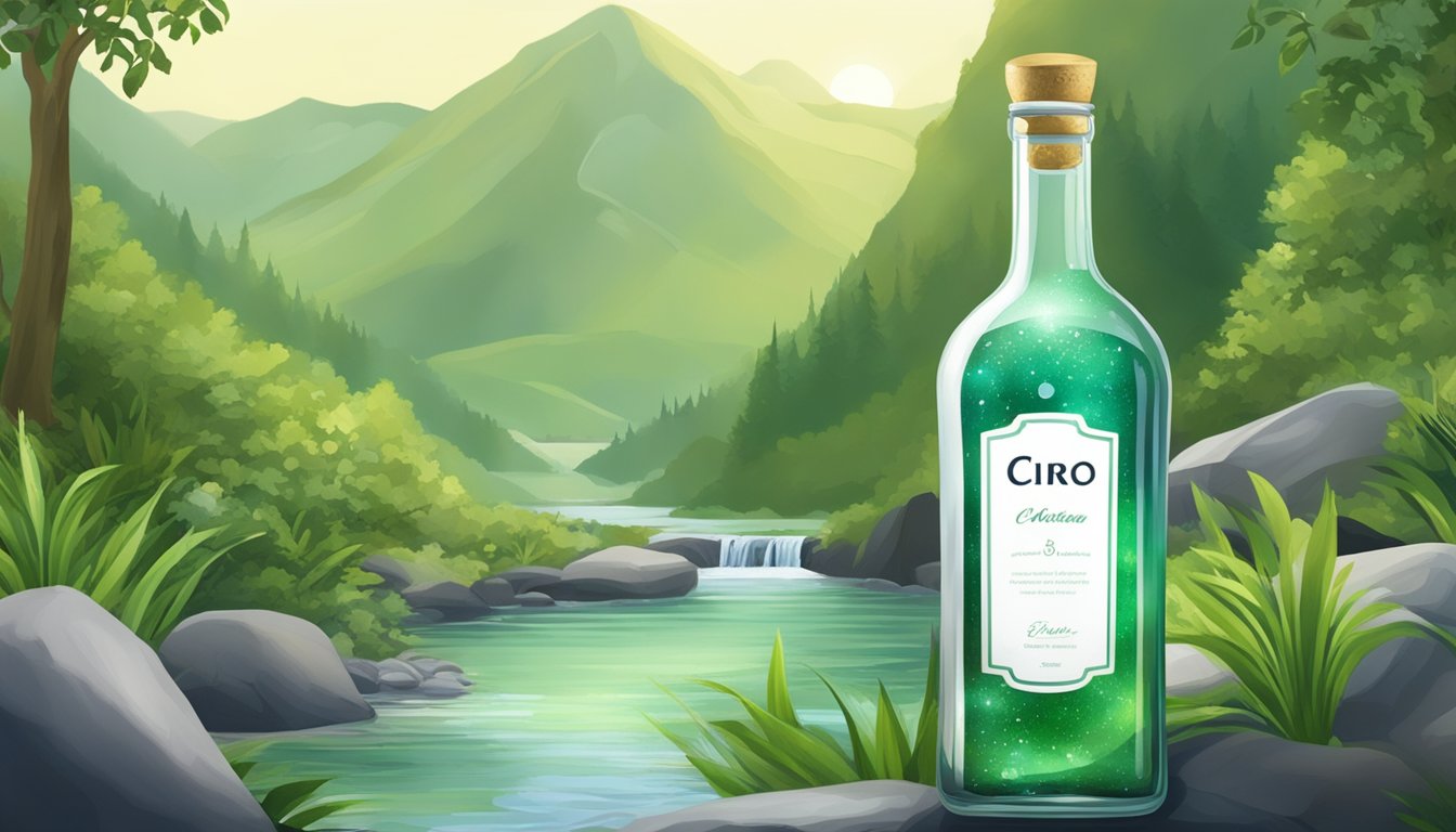 A serene mountain spring surrounded by lush greenery, with a clear, sparkling stream flowing into a pristine, glass bottle labeled "cirro."