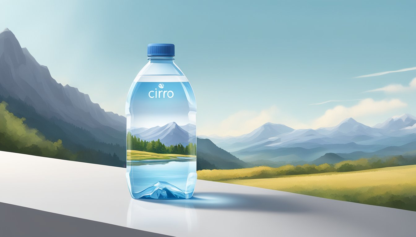 A clear plastic bottle of Cirro water sits on a white surface, with a mountain landscape in the background. The bottle is easily accessible and prominently displayed