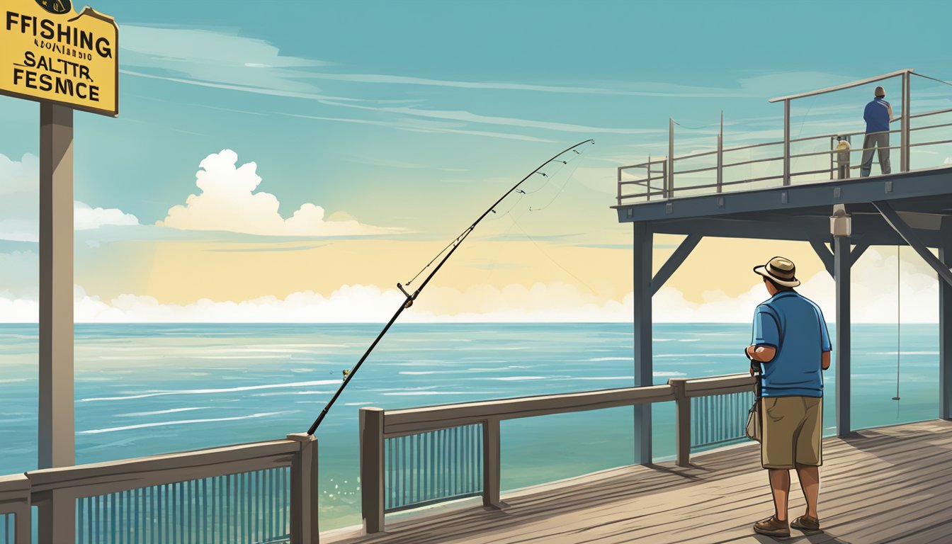 A person standing at a Florida fishing pier, holding a fishing rod and looking out at the ocean. A sign nearby displays information about obtaining a saltwater fishing license