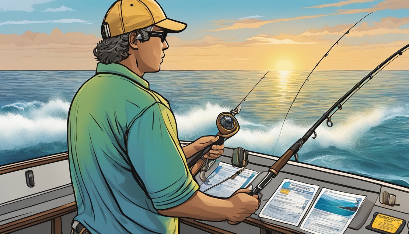 A person standing on a boat, casting a fishing line into the ocean with a Florida saltwater fishing license displayed on the boat's dashboard