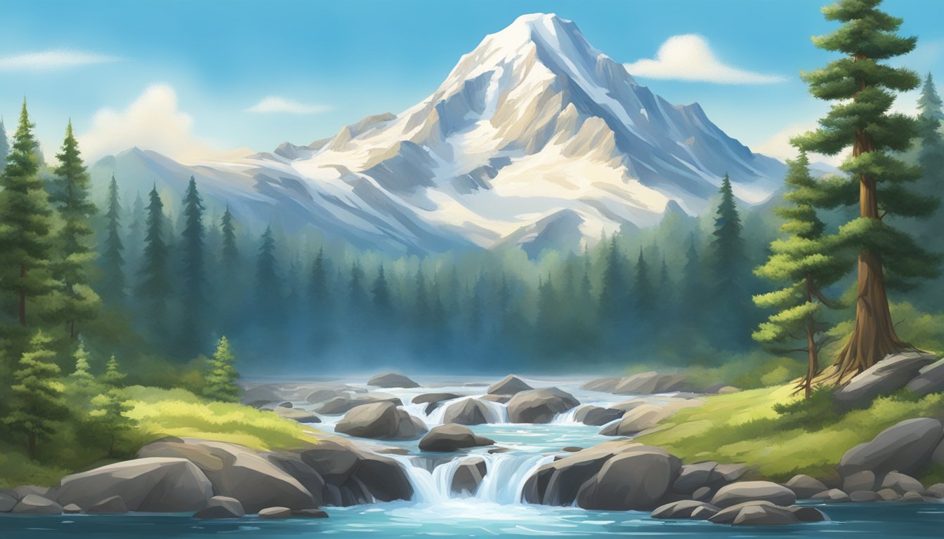 A pristine mountain spring gushes forth, surrounded by towering pine trees and a clear blue sky