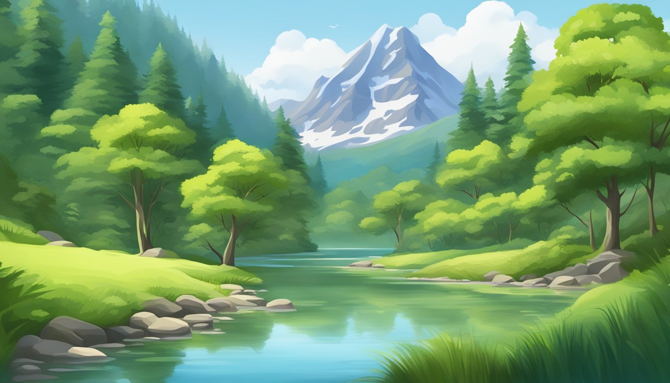 A serene mountain spring surrounded by lush greenery, with a clear stream flowing into a pristine, untouched lake