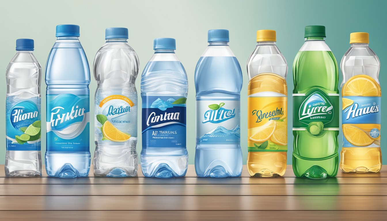 A lineup of various bottled water brands on a table, with labels facing outward for comparison