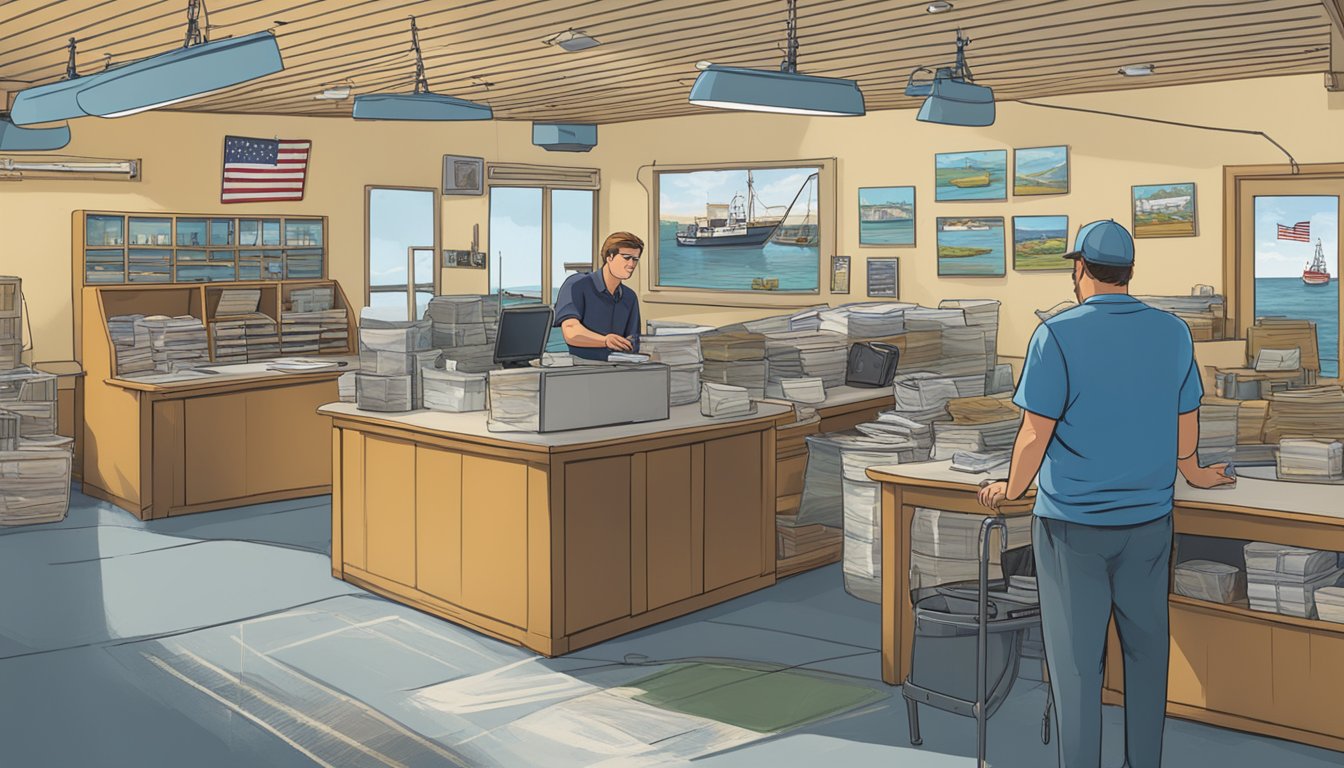 A person standing at a Rhode Island fishing license office, filling out paperwork while talking to a clerk behind a counter. Outside, a boat sits in the harbor, surrounded by other fishing vessels