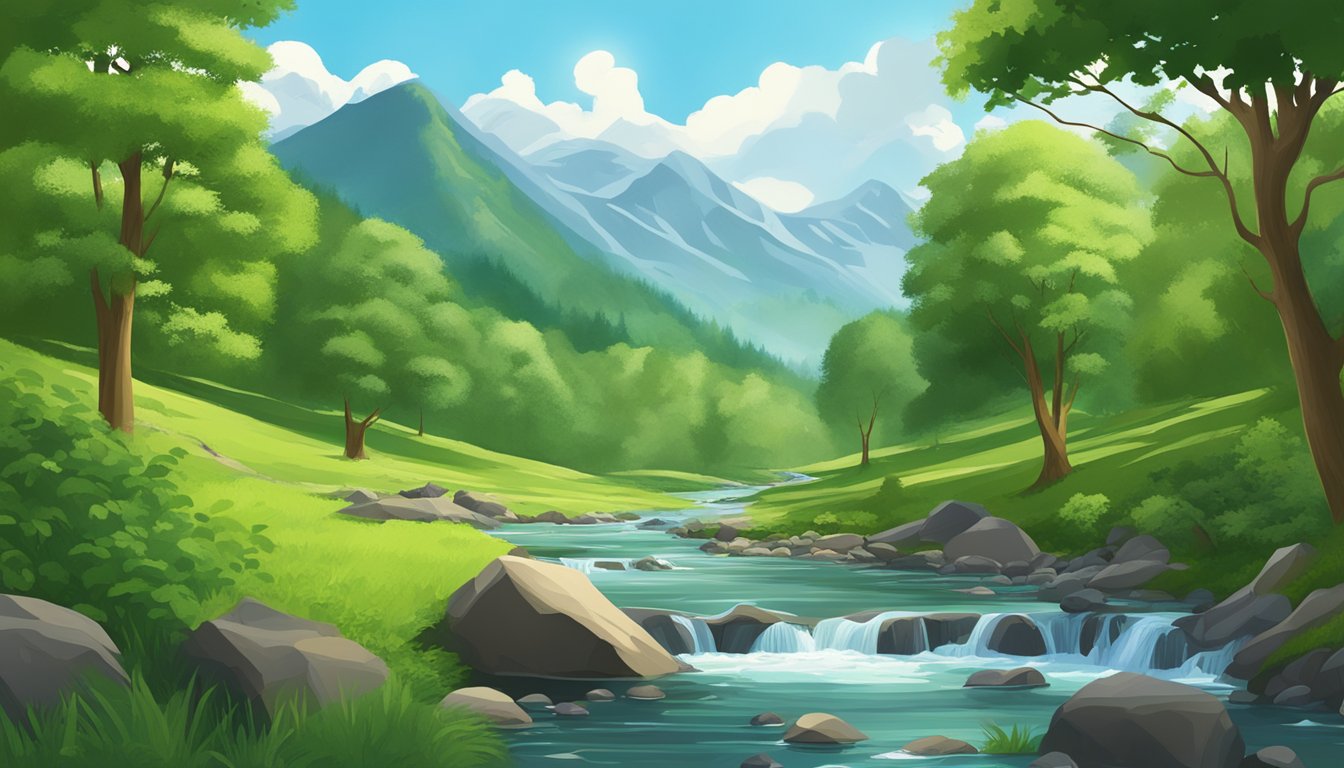 A lush, green forest with a pristine stream flowing through it, surrounded by mountains and clear blue skies