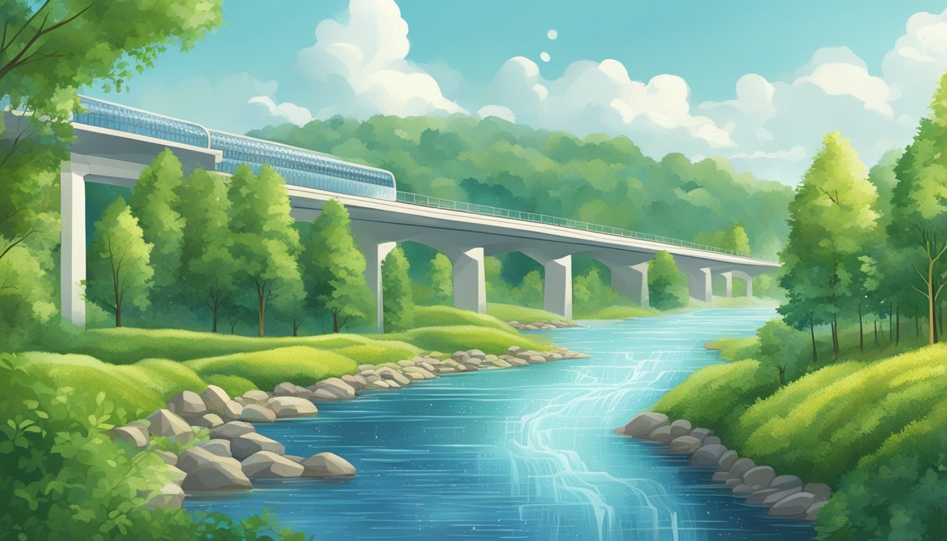 A sparkling river flowing through a lush forest, with a modern water filtration plant in the background