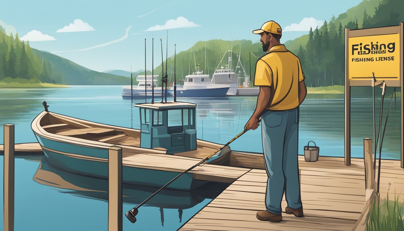 A person standing at a dock, holding a fishing rod, with a boat in the background and a sign displaying fishing license fees and exemptions