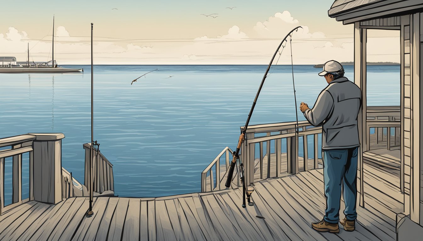 A person standing at a dock, holding a fishing rod and looking out at the ocean. A sign nearby displays information about saltwater fishing licenses in Rhode Island