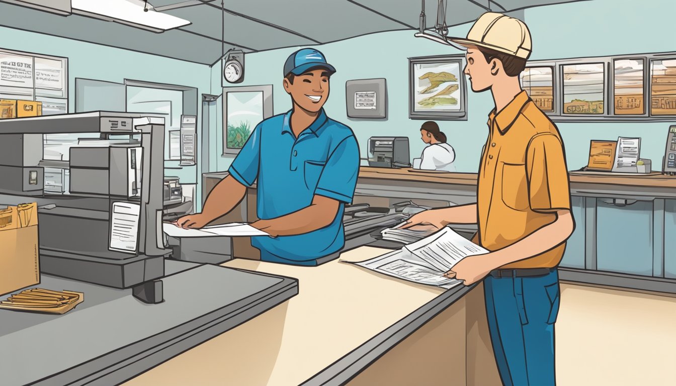 A person standing at a counter, handing over paperwork and payment to a clerk. The clerk is processing the paperwork and providing the person with a saltwater fishing license