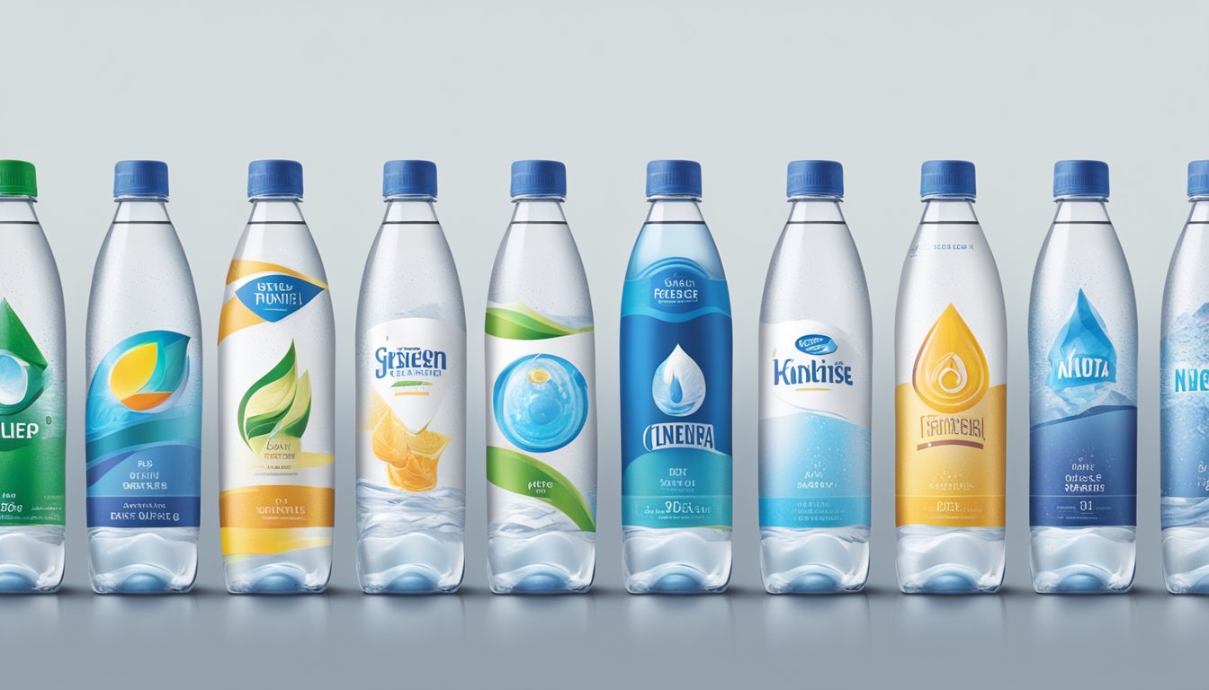 Various bottled water brands arranged in a row, with labels facing forward. A hand reaching for one bottle