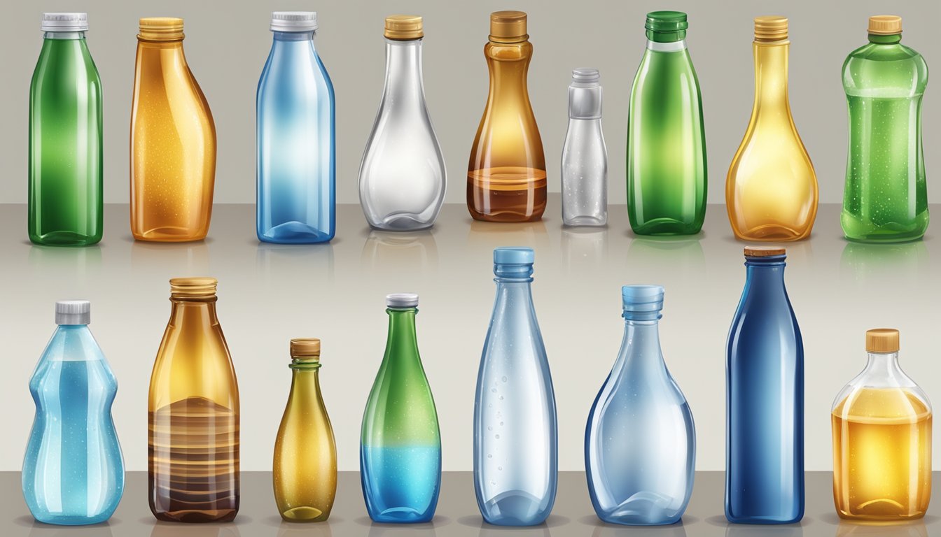 A variety of bottle types and materials arranged in a row, with water droplets glistening on the surfaces