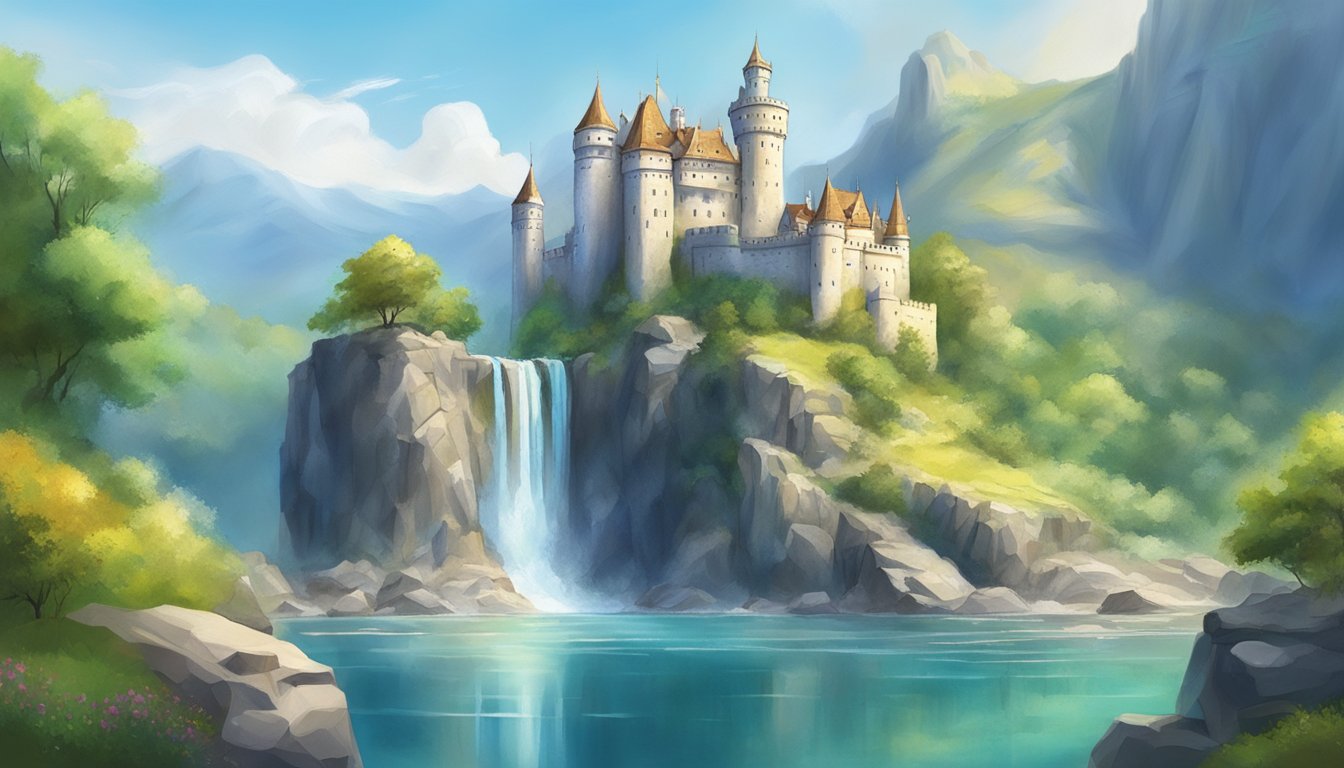 A majestic castle perched on a rocky cliff, overlooking a pristine spring gushing crystal-clear water