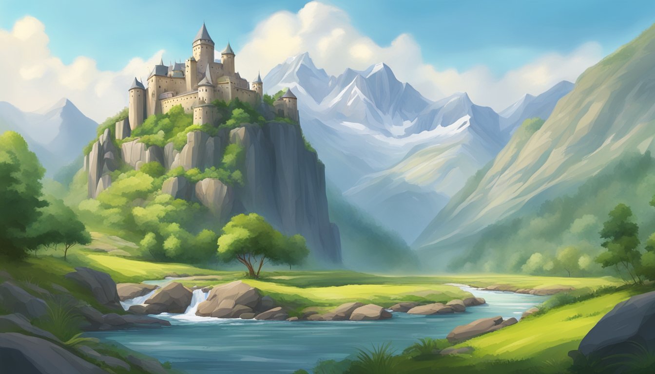 A pristine mountain spring flows through a rocky landscape, surrounded by lush greenery and towering cliffs, with a majestic castle perched on top