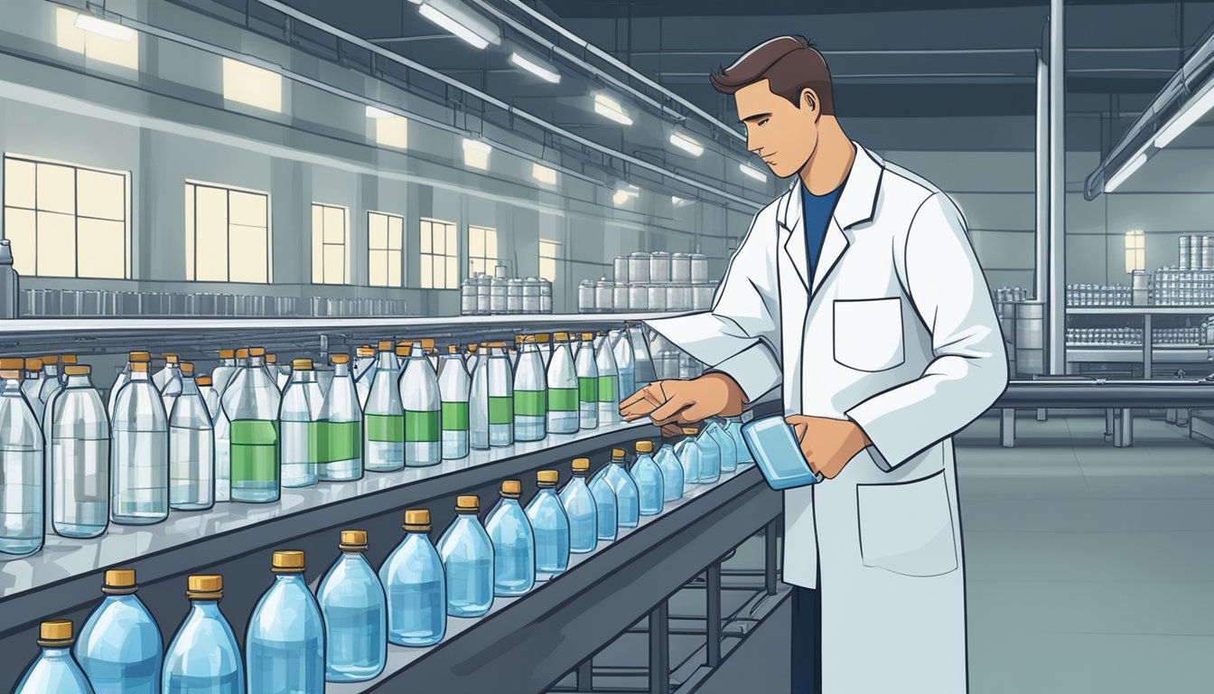 A factory worker in a lab coat inspects rows of bottled water on a conveyor belt, with quality control equipment and regulatory standards displayed in the background