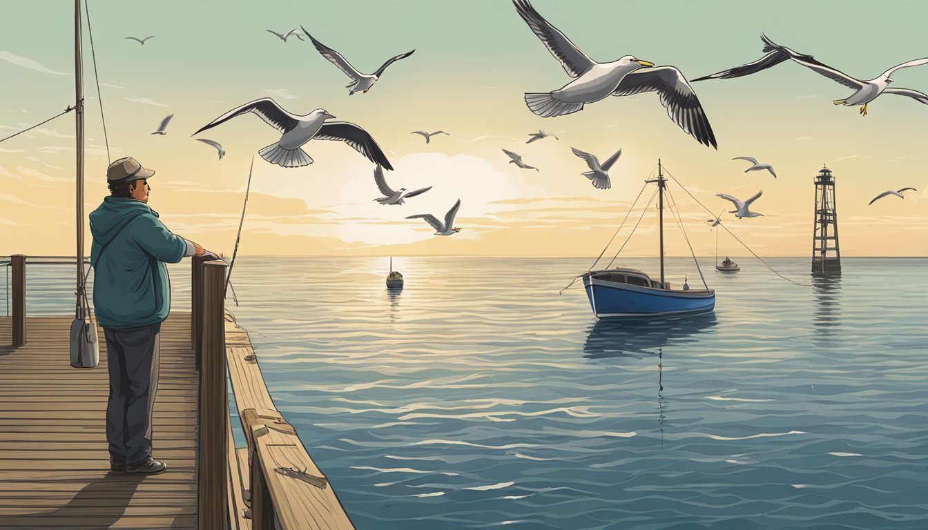 A person standing at a pier, casting a fishing line into the ocean, with seagulls flying overhead and a boat in the distance