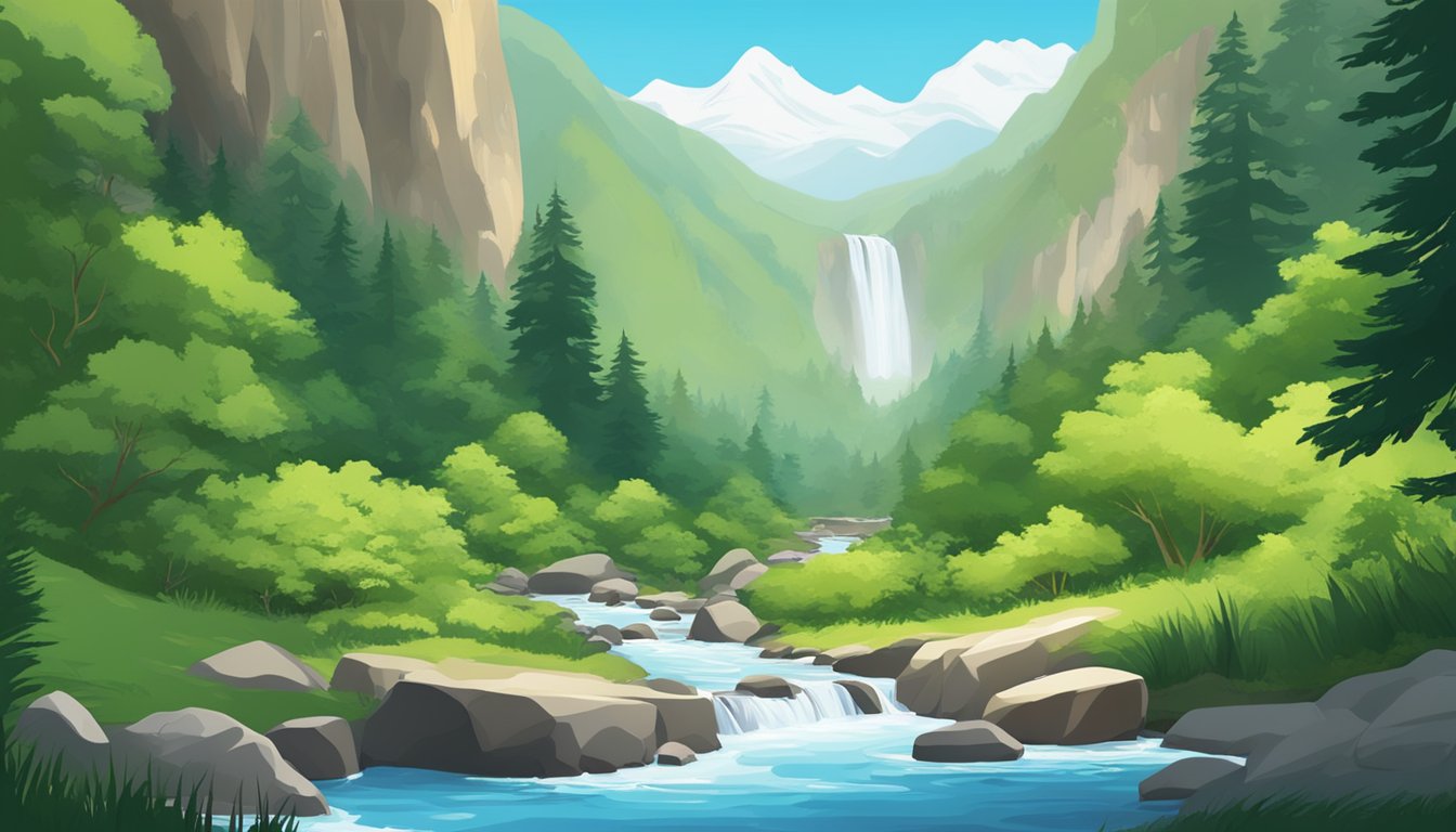 A pristine mountain spring flowing through lush, untouched forest, surrounded by towering cliffs and clear blue skies