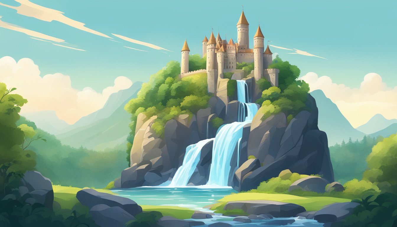 A majestic castle perched on a towering rock, surrounded by clear, flowing streams and lush greenery. A bottle of water sits on a stone pedestal, glistening in the sunlight