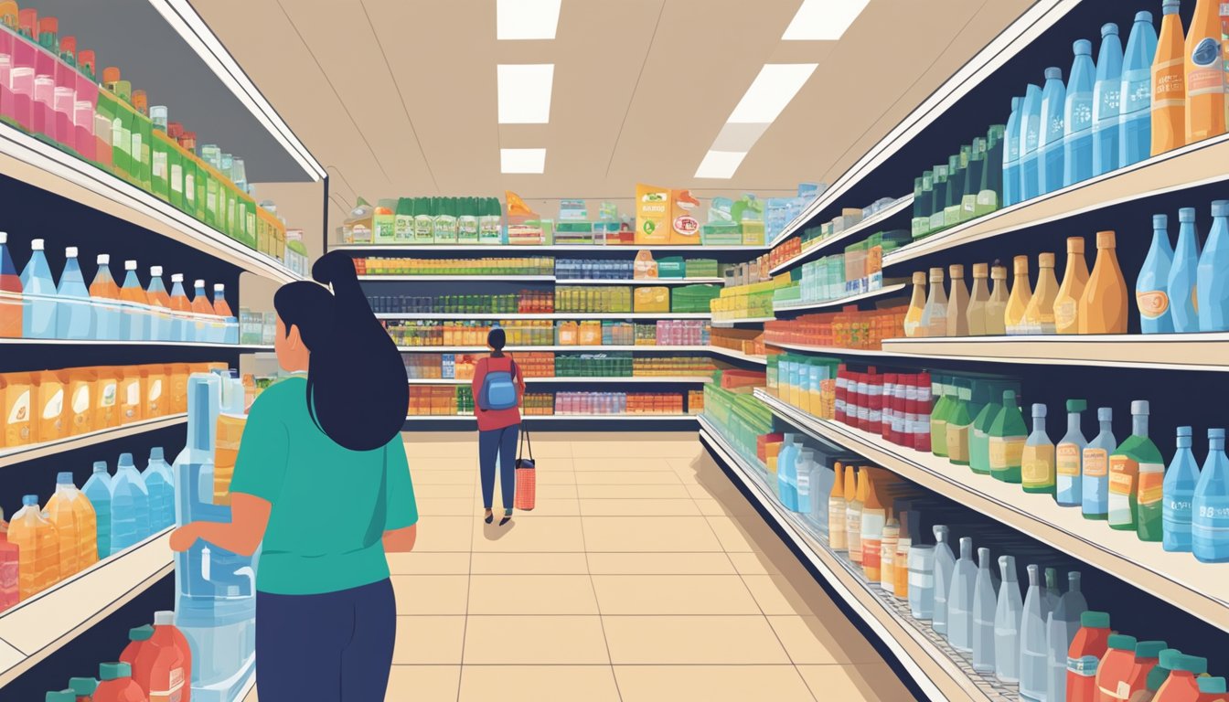 A bustling grocery store aisle with shelves of various bottled water brands and a customer reaching for a bottle