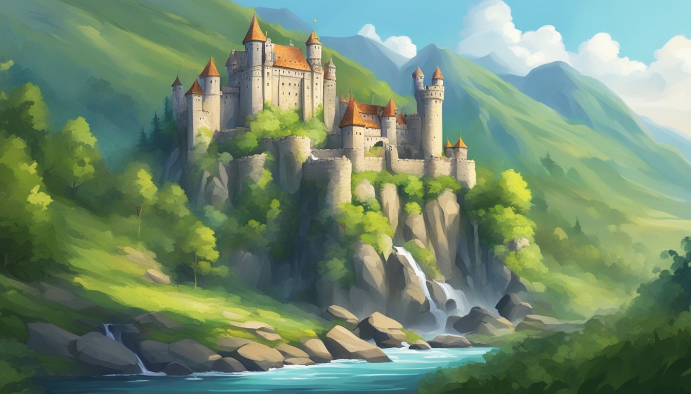 A majestic castle perched on a rocky cliff, with a crystal-clear stream flowing from it, surrounded by lush greenery